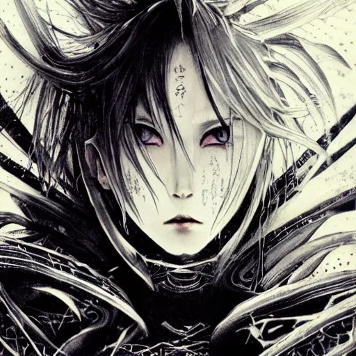 Prompt: yoshitaka amano blurred and dreamy illustration of an anime girl with black eyes, wavy white hair and cracks on her face wearing spiky elden ring armour with the cape fluttering in the wind, abstract black and white patterns on the background, noisy film grain effect, highly detailed, renaissance oil painting, weird portrait angle