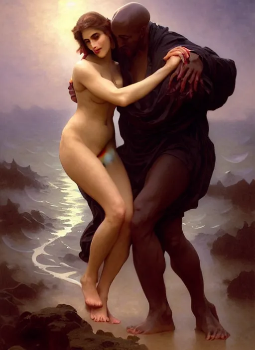 Image similar to kitsch mills and boon romance novel cover with elder god cthulhu!! hugging eva mendes, they are in love, by william - adolphe bouguereau, john singer sargent, digital painting, artstation, concept art, smooth, sharp focus, warm lighting,