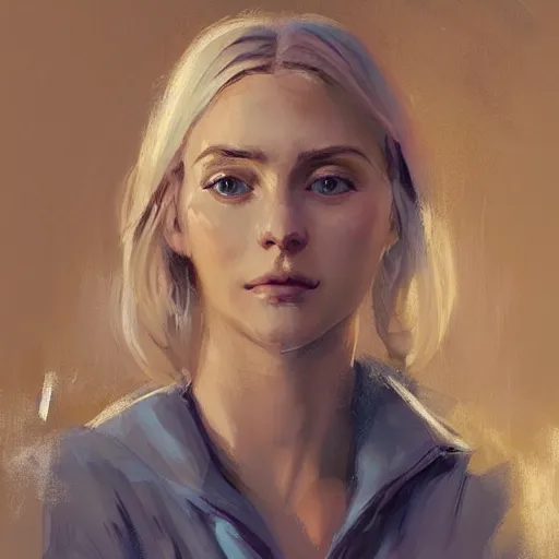 Image similar to Portrait of a woman by Greg Rutkowski, she is about 30 years old, pretty, blond hair with two strans around her face, slavic features, melancholic gaze, pretty aquiline nose, she is wearing a blue utilitarian jumpsuit, highly detailed portrait, digital painting, artstation, concept art, smooth, sharp foccus ilustration, Artstation HQ.