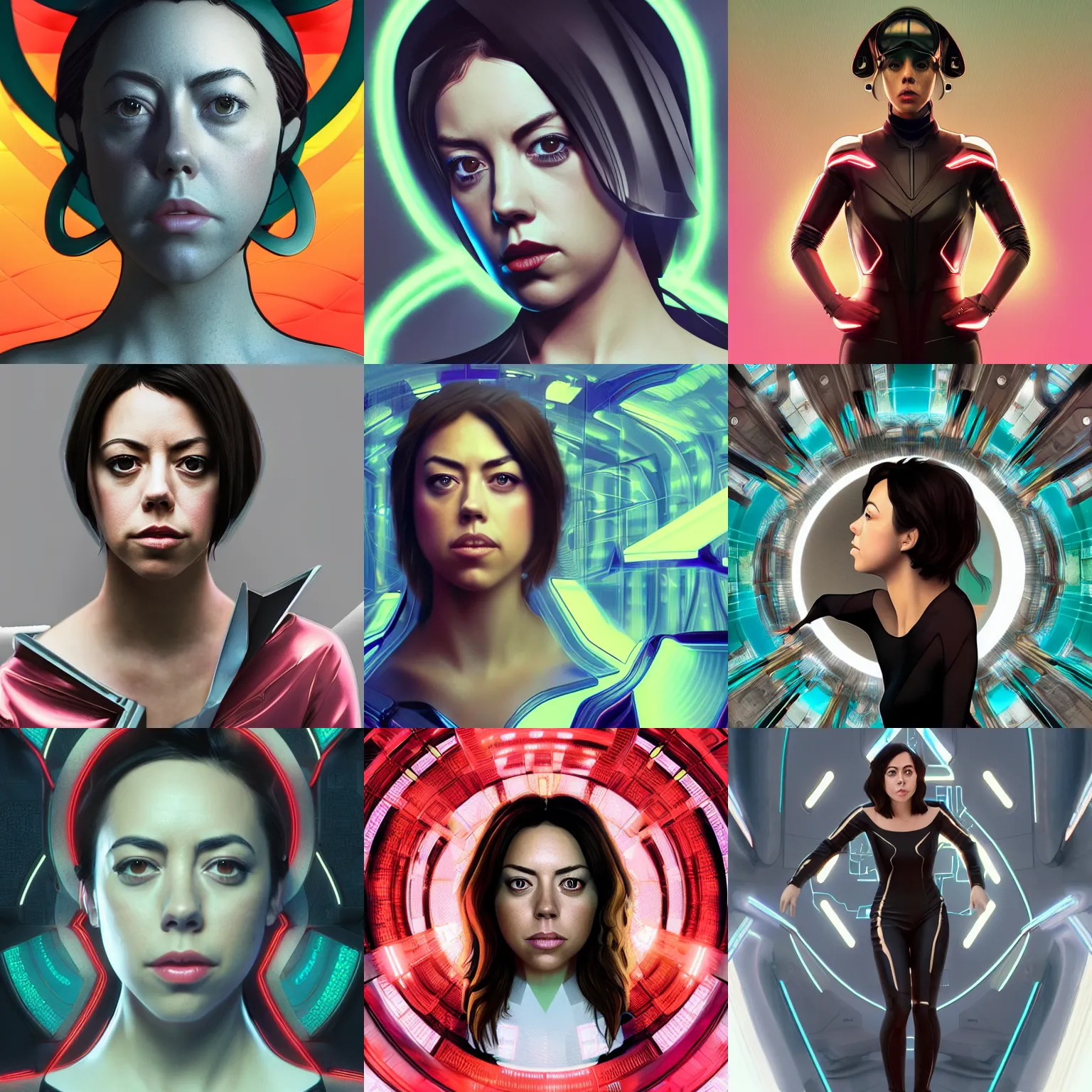 Prompt: aubrey plaza in a futuristic hacker wear, as seen on artgerm, octane render, in the style of alphonse mucha, ultra realistic, highly detailed, 8 k