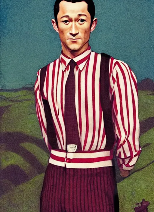 Image similar to joseph gordon - levitt joseph gordon - levitt!!!, joseph gordon - levitt jgl josephgordonlevitt wearing a 1 9 2 0 s red striped outfit, from scene from twin peaks by michael whelan, tomer hanuka, rossetti bouguereau, artgerm, retro, nostalgic, old fashioned