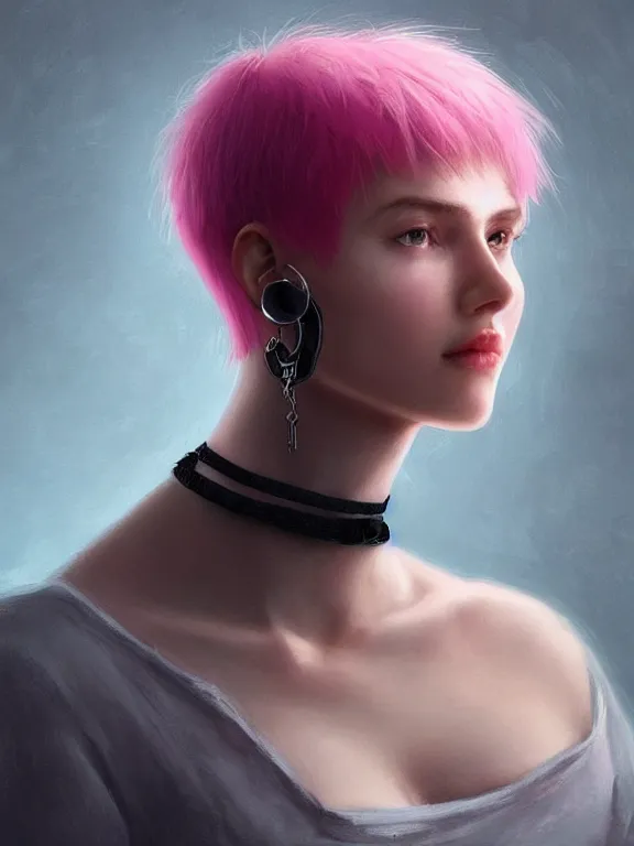 Image similar to beautiful russian girl with short pink hair and nose piercing, airpods, thin black choker, thin round earrings, winds of winter, au naturel, hyper detailed, digital art, trending in artstation, cinematic lighting, studio quality, smooth render, octane rendered, concept art, sharp focus, illustration, art by artgerm and greg rutkowski and wlop
