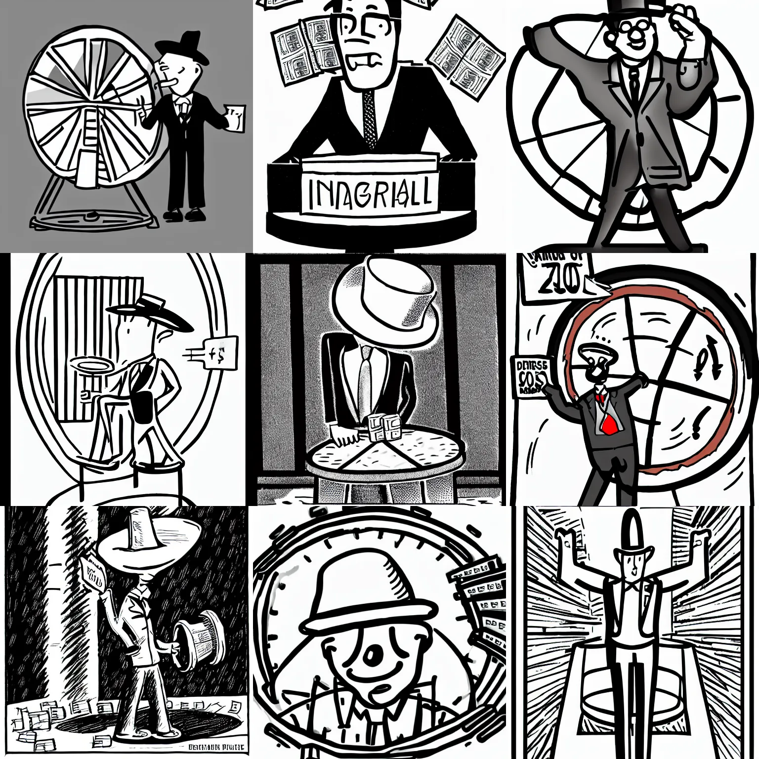 Prompt: man suit on a price wheel with a pointy hat, dollars in pocket, cartoon, comic, illustration, b&w