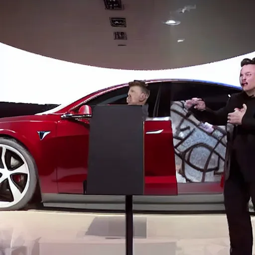 Image similar to a beautiful roman mosaic of elon musk unveiling a new tesla car