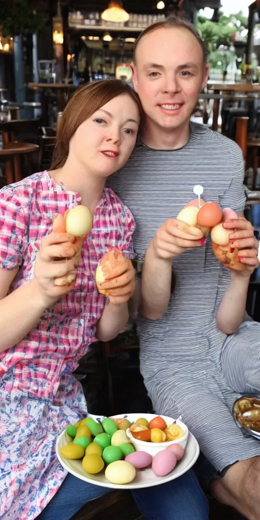 Image similar to british siamese twins eating pickled eggs at the pub
