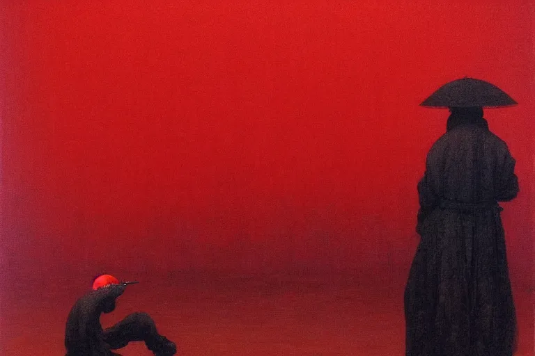 Image similar to only with red, a red samurai harakiri, tokio, a lot of frogs watch, in the style of beksinski, parts by edward hopper, parts by rodcenko, parts by yue minjun, intricate and epic composition, red by caravaggio, insanely quality, highly detailed, masterpiece, red light, artstation, 4 k