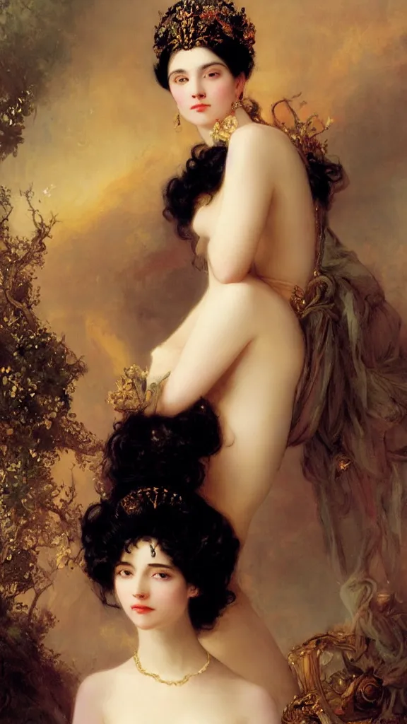 Image similar to a beautiful black haired woman with pale skin and a crown on her head sitted on an intricate metal throne by franz xaver winterhalter and delphin enjolras and rebecca guay