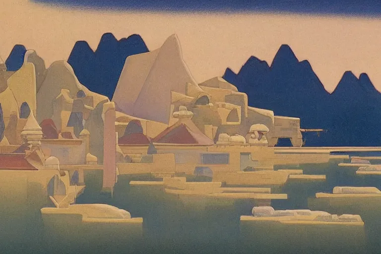 Image similar to an oriental palace made of immaculate white stones planted at the edge of a waterless ocean under a twilight light, blue sky without clouds, people angling at the edge, crystalline rock, pastel shades, style of nicholas roerich, mountains made of sharp crystal that emit light