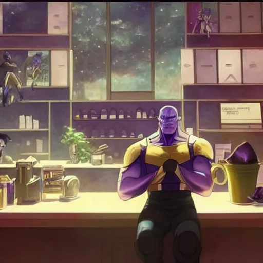 Image similar to thanos working at starbucks by makoto shinkai and ruan jia and studio ghibli