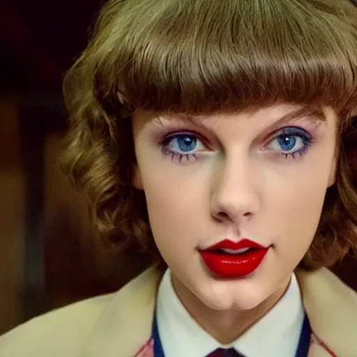 Prompt: still from Stranger Things season 6 - Taylor Swift in makeup evil queen Brunhilda