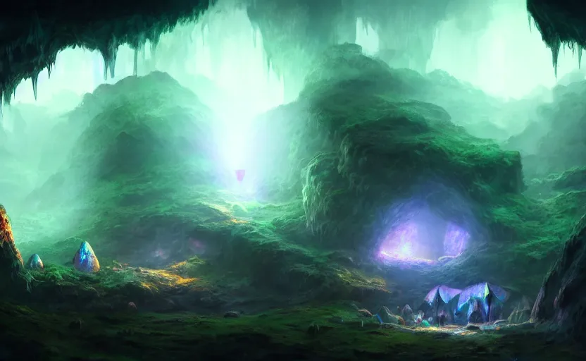 Prompt: a blurry ambient glowing crystal in the distance of a giant cave, mushrooms, dynamic lighting, ambient lighting, atmospherical, photorealistic fantasy concept art, trending on art station, stunning visuals, creative, cinematic, ultra detailed