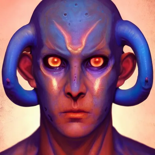 Prompt: blue djinn, horror, male, horns, 3rd eye, by Maciej Kuciara and Jason Chan, ominous, cosmic horror, trending on artstation, Ultra detailed, hyper realistic