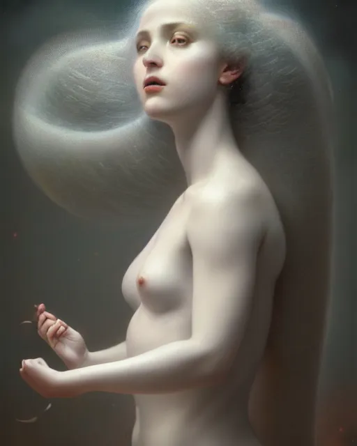 Prompt: dreamy, subsurface scattering, white, young beautiful goddess in cosmos, octane render, dino valls, mark ryden, joe fenton, michal karcz, highly detailed, rim light, art, cinematic lighting, very coherent, hyper realism, 8 k