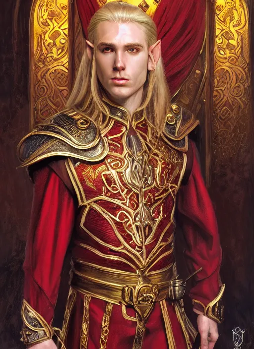 Prompt: a portrait of a noble high elf with long blonde hair, young adult male, wearing red and gold ornate attire, style by donato giancola, wayne reynolds, jeff easley dramatic light, high detail, cinematic lighting, artstation, dungeons and dragons