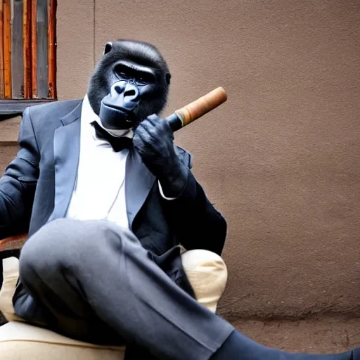 Prompt: a gorilla wearing a suit sitting on a chair smoking a cigar