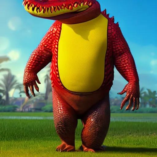 Image similar to 3 d render, anthropomorphic alligator, red scales on his back, yellow scale on his belly and chest, male, waring a hawaiian shirt, in the style of zootopia, hd, 4 k, high definition background