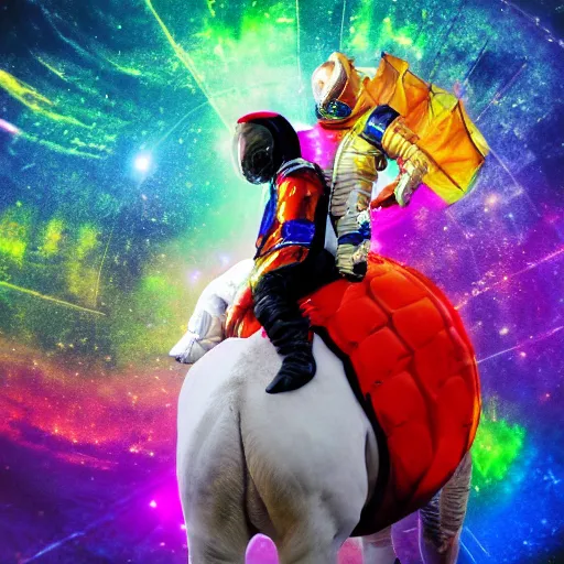 Prompt: circus, extreme unrealistic representation, horse standing on human back, human wearing astronaut suit, extraterrestrial, multicolor, vibrant, renaissance color palette, cinematic light, low angle