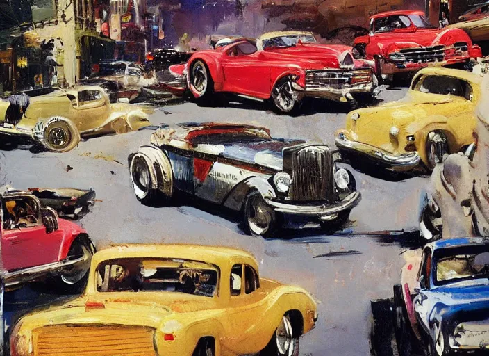 Image similar to hotrods driving down a street , vintage, highly detailed, by John Berkey