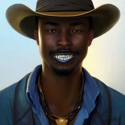 Prompt: handsome young African-American cowboy with a smirk and gold teeth with a nice eyes catch light, holding dark and light magic in both hands, volumetric lighting, D&D, fantasy, intricate, cinematic lighting, highly detailed, digital painting, artstation, concept art, smooth, sharp focus, illustration, art by Greg Rutkowski and Alphonse Mucha and Jacob Lawrence