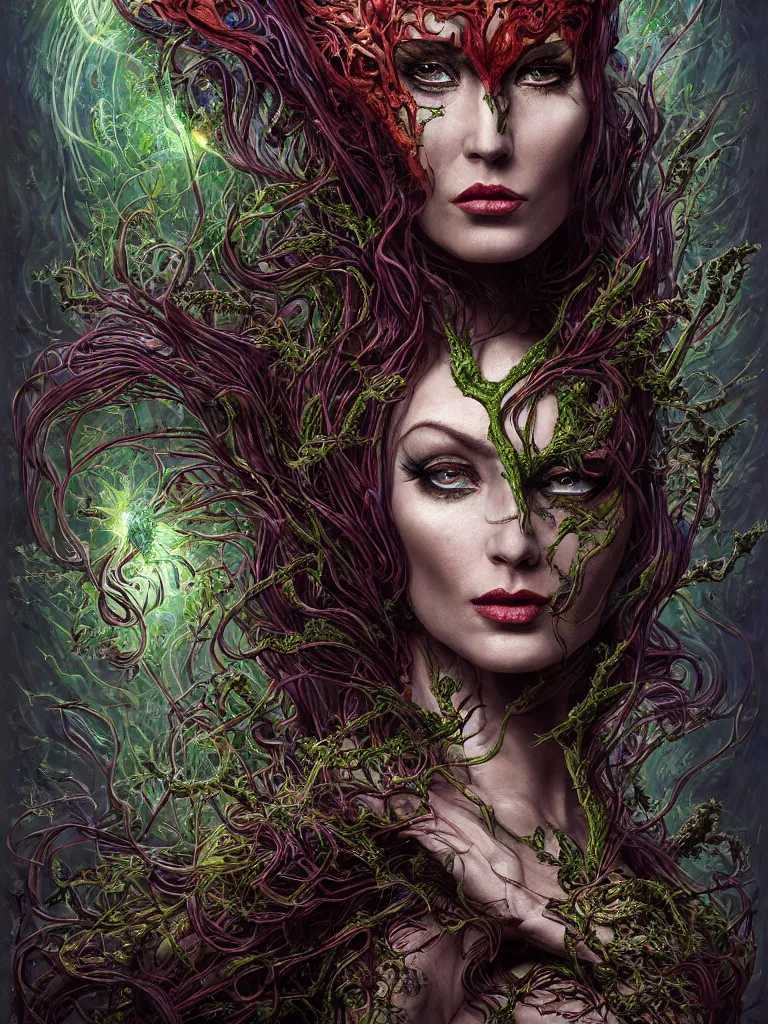 Image similar to single face portrait. complex hyper-maximalist overdetailed cinematic cosmic scifi portrait of an elegant very attractive but wild and dangerous reptilian goddess by andrei riabovitchev, tomasz alen kopera, oleksandra shchaslyva. Omnious intricate. Secessionist portrait illustration. Poison goddes. Slightly Reminds to poison ivy. Focus on face. Artstation. Deviantart. 8k 4k 64megapixel. Rendered by binx.ly.