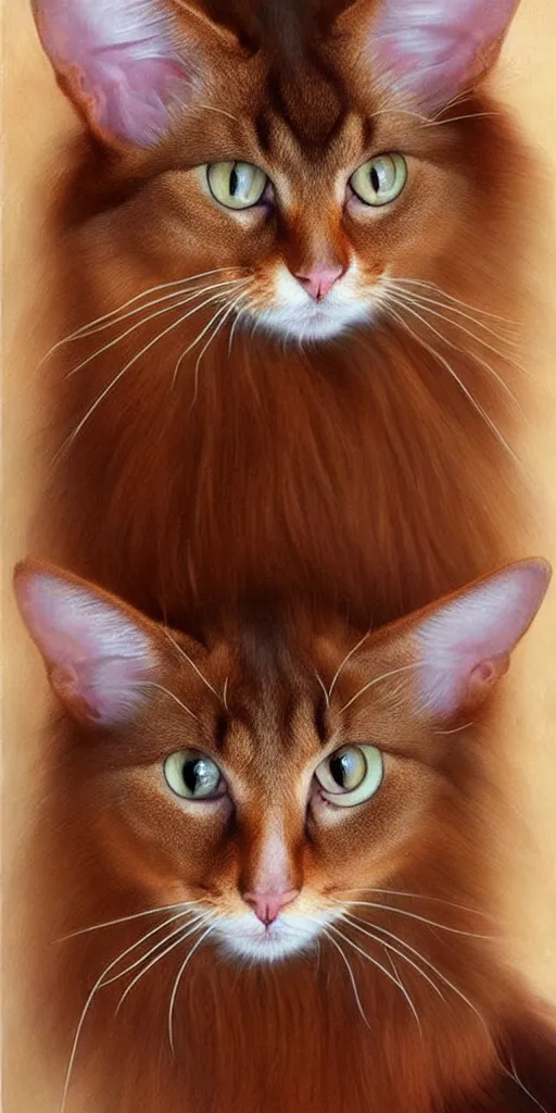 Image similar to long haired abyssinian cat, chocolate brown, hyper realistic portrait, cute