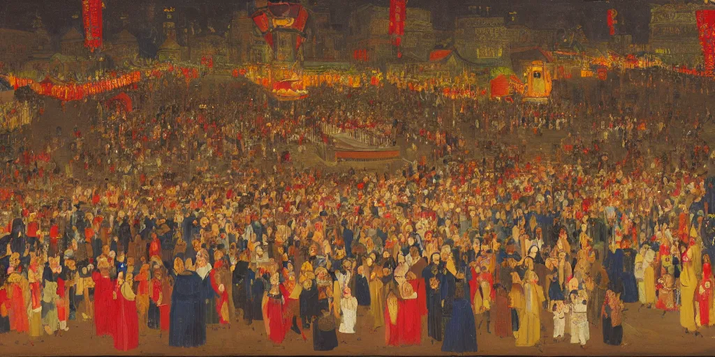 Prompt: night ceremony in the palace, crowd, happy faces, lanterns, detailed, oil - paint