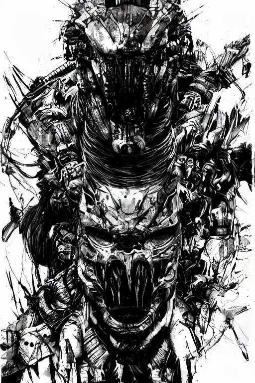 Image similar to predator illustrated by yoji shinkawa, science fiction horror action, skilled, technologically advanced alien, ink, digital painting, highly detailed, trending on artstation, sharp focus, illustration, concept art, norman rockwell