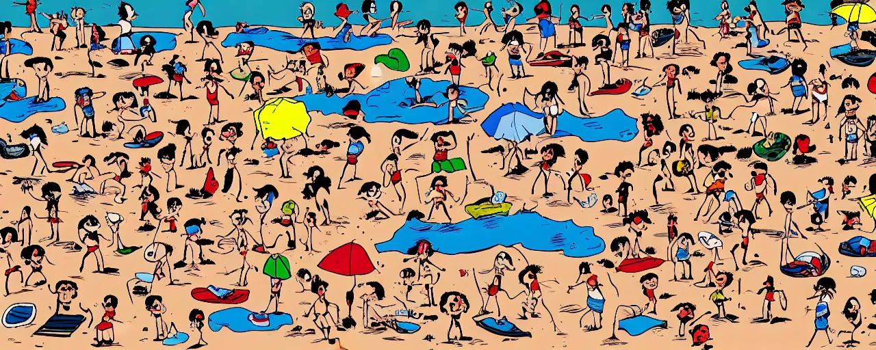 Prompt: a cartoonish where is waldo scene on a beach, in the style of bill watterson
