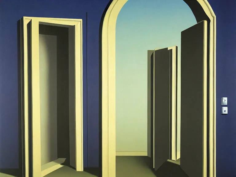 Image similar to infinite recurrsion of doors painting by rene magritte, high detail, high resolution