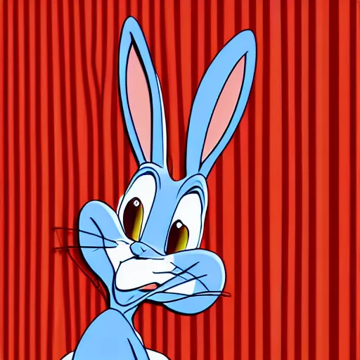 Image similar to photo of bugs bunny sitting infront of a red wall with blue stripes ultra realistic, hyper realistic, highly detailed, sharp focus, digital art