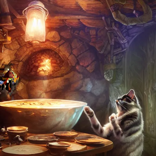 Prompt: Anthropomorphized cat witch brewing potion, witch Hut, magic the gathering artwork, D&D, fantasy, cinematic lighting, centered, symmetrical, highly detailed, digital painting, artstation, concept art, smooth, sharp focus, illustration, volumetric lighting, epic Composition, 8k, art by Akihiko Yoshida and Greg Rutkowski and Craig Mullins, heroic pose, oil painting, cgsociety