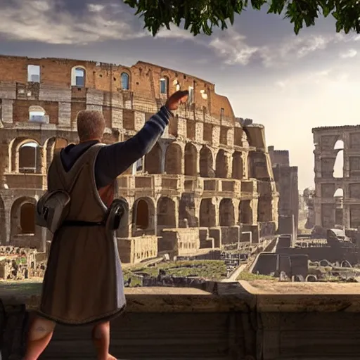 Prompt: man from the future bring ipad tablet to ancient rome and show the amazed people about the technology of the future. real, 4 k, cg, unreal engine