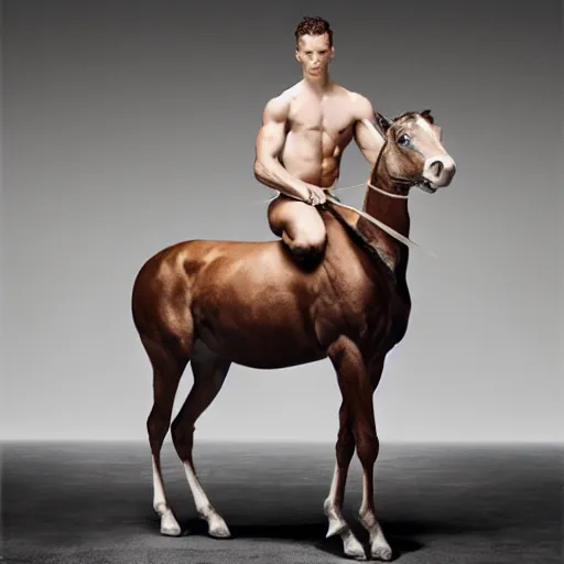 Prompt: a portrait of a beautiful athletic young male unicentaur , photographed by erwin olaf, artistic