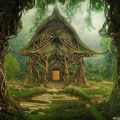 Image similar to a beautiful and highly detailed matte painting of a wooden elven temple in a magical fantasy garden in a lush forest, celtic knots, ancient runes, knotted trees, tangled vines, intricate details, epic scale, insanely complex, 8 k, sharp focus, hyperrealism, very realistic, by caspar friedrich, albert bierstadt, james gurney, brian froud,