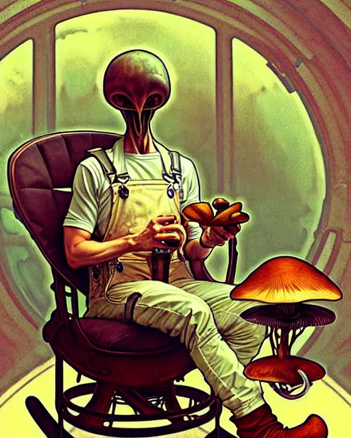 Prompt: male mushroom alien sitting in a rocking chair, wearing overalls, smoking a pipe, full body, art by artgerm and greg rutkowski and alphonse mucha