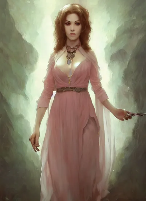 Image similar to character concept portrait of an attractive young focused Spanish witch with pale pink skin and a crystal necklace enchanting a glowing seduction spell, a floating glowing spell book in the center, intricate, elegant, digital painting, concept art, smooth, sharp focus, illustration, from Metal Gear, by Ruan Jia and Mandy Jurgens and William-Adolphe Bouguereau, Artgerm