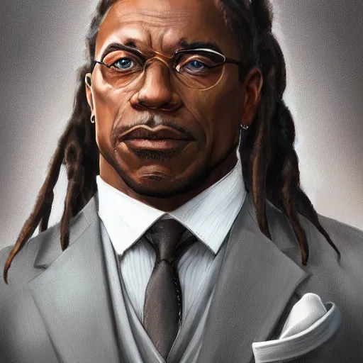 Prompt: a portrait of a muscular older black man with dreads and a suit with a monocle on, D&D, sci-fi, elegant, hopeful, muscular, highly detailed, digital painting, artstation, concept art, smooth, sharp focus, illustration