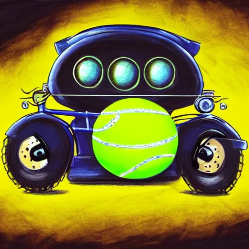 Image similar to a tennis ball monster on a motorcycle harley davidson on a tennis court, digital art, fantasy, magic, chalk, trending on artstation, ultra detailed, professional illustration by basil gogos