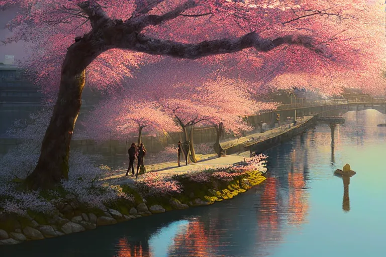 Image similar to cherry blossom and the kamo river, kyoto, japan. volumetric lighting, ( dew ), spring morning, clear weather, very few clouds, realistic illustration, perfectly shaded, soft painting, art by krenz cushart and wenjun lin
