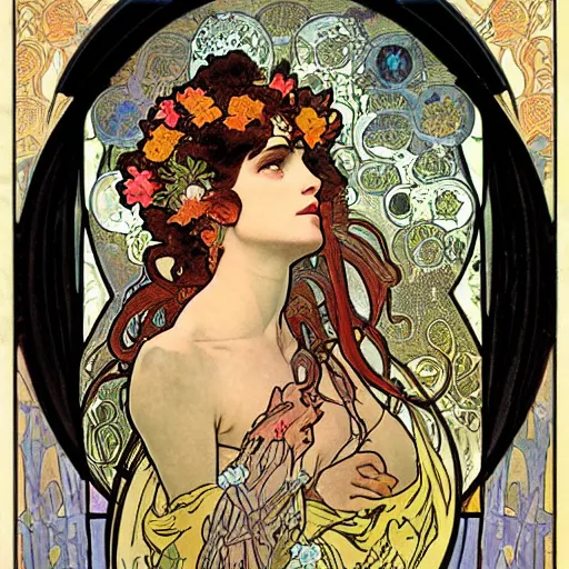 Image similar to persephone as godess of hell and flowers, painted by alphonse mucha