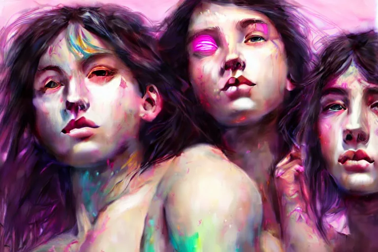 Image similar to three college girls rolling hard on ecstasy, drenched in sweat and covered in florescent paint, kissing sensually with dilated pupils, realistic portrait, highly detailed, digital painting, artstation, concept art, smooth, sharp focus, illustration, cinematic lighting, art by artgerm and greg rutkowski and alphonse mucha
