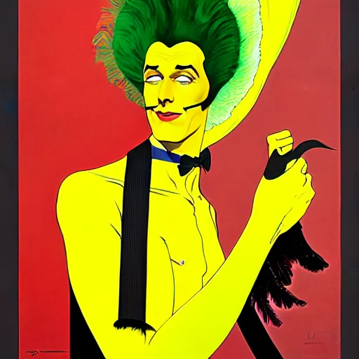 Image similar to art by joshua middleton, the yellow creeper, a tall manically smiling yellow - skinned man with green and black striped cycling shorts and wearing a long red and black striped ostrich feather boa, yellow makeup, mucha, kandinsky, poster, art deco motifs, comic art, stylised design, scarlet feather boa