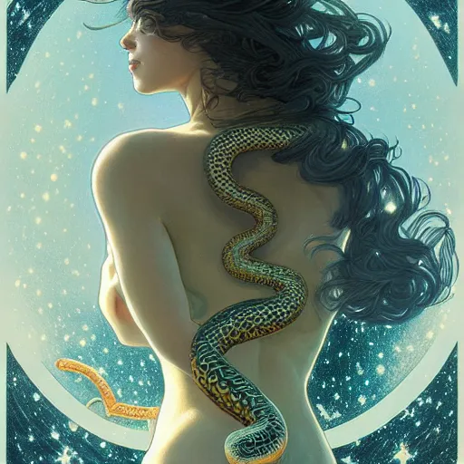Image similar to serpent made of stars curled in the sky, extremely detailed, 8 k, fantasy, elegant, pale, highly detailed, digital painting, artstation, concept art, smooth, sharp focus, illustration, art by artgerm and greg rutkowski and alphonse mucha