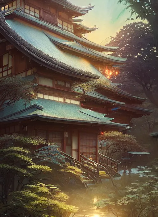 Image similar to Highly detailed small japanese house, Stephen Bliss, unreal engine, fantasy art by Greg Rutkowski, Loish, Rhads, ferdinand knab, Makoto Shinkai and Lois van baarle, ilya kuvshinov, rossdraws, Tom Bagshaw, alphonse mucha, global illumination, radiant light, detailed and intricate environment