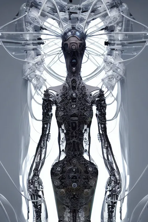 Prompt: background space station, baroque inflateble dress iris van herpen positing on floor, perfect symmetrical, full body shot, white helmet on face, inflateble shapes, wires, tubes, veins, jellyfish, white biomechanical details, wearing epic bionic implants, masterpiece, intricate, biopunk, vogue, highly detailed, artstation, concept art