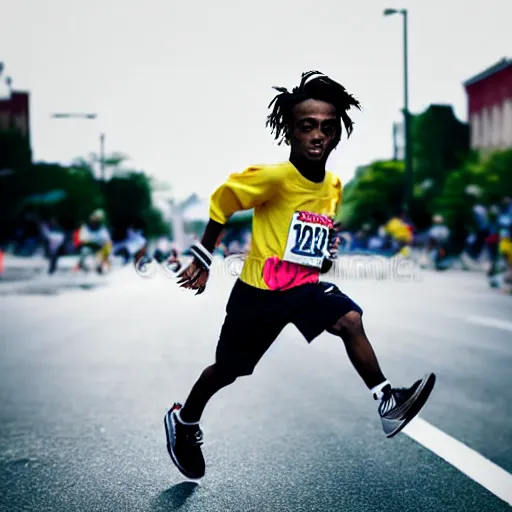 Image similar to portrait of midget down syndrome playboi carti running in a marathon, sharp focus, 4 k editorial photograph, soft lighting, depth of field