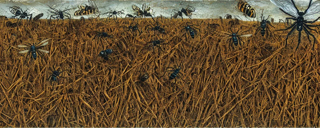 Image similar to strange giant insects, beetles, spiders, wasps, bees, maggots, locusts and flies, swarming in a cornfield, oil painting by max ernst and anselm kiefer, decay, mixed media, textured, sharp focus, highly detailed, photographic emulsion cracked and peeling, rust, cinematic lighting, 8 k, hd