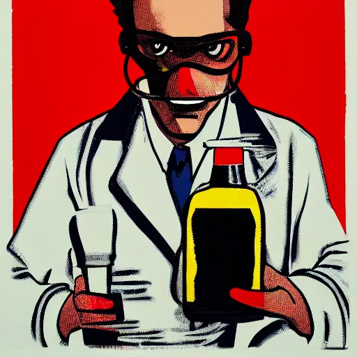 Image similar to a burning chemist in a white coat, modern pop art