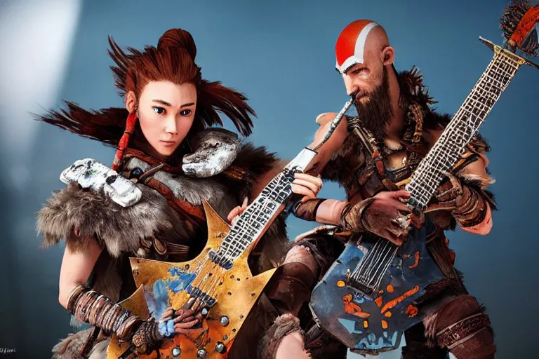 Image similar to aloy from the horizon zero dawn videogame playing a bc rich guitar with kratos from the god of war videogame