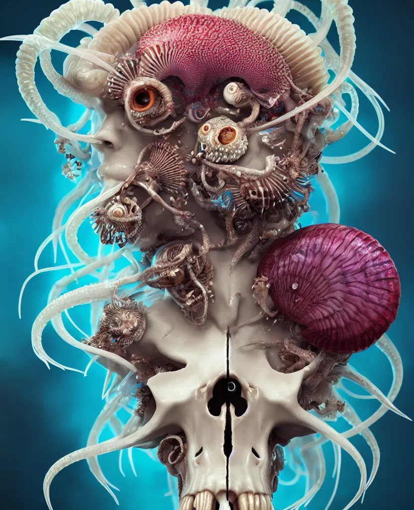 Image similar to goddess close-up portrait ram skull. eyes. jellyfish phoenix head, nautilus, orchid, skull, betta fish, bioluminiscent creatures, intricate artwork by Tooth Wu and wlop and beeple. octane render, trending on artstation, greg rutkowski very coherent symmetrical artwork. cinematic, hyper realism, high detail, octane render, 8k